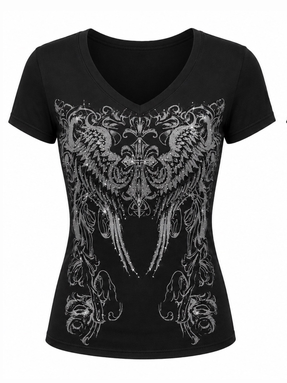 SHEIN Black V-Neck Tee with Silver Wing Graphic